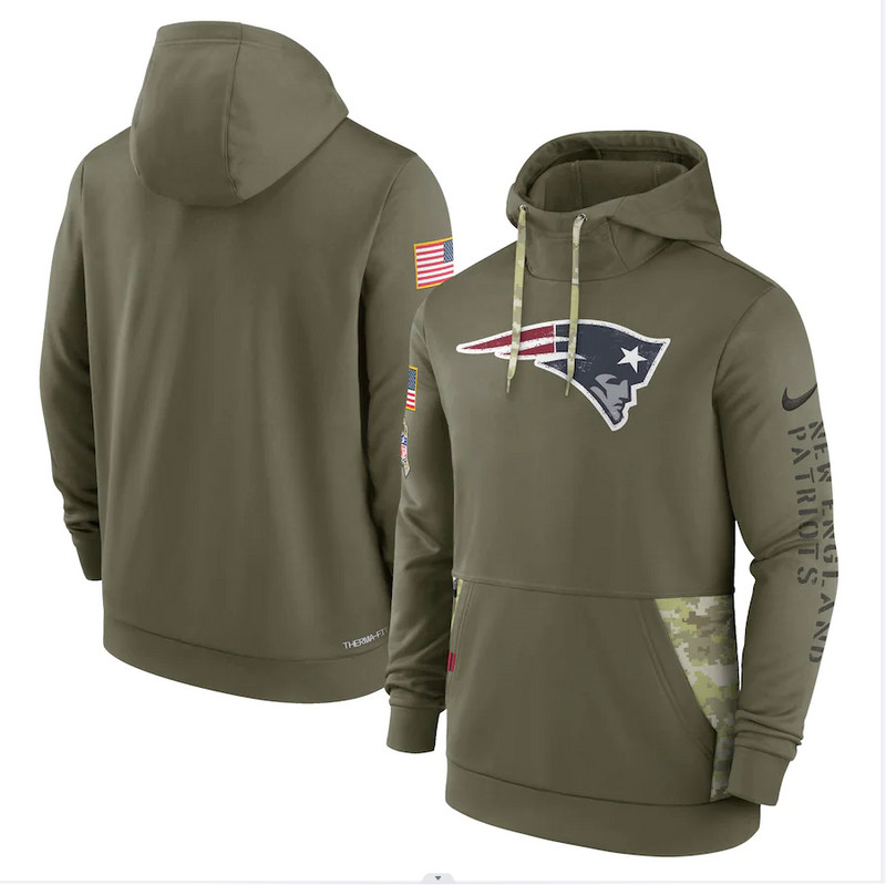 Men's New England Patriots Nike Olive 2022 Salute to Service Therma Performance Pullover Hoodie