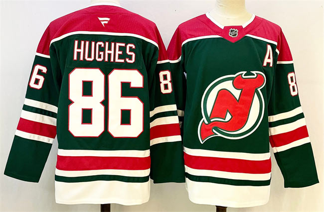 Men's New Jersey Devils 86 Jack Hughes Green Red 2024 25 With A Patch Stitched Hockey Jersey