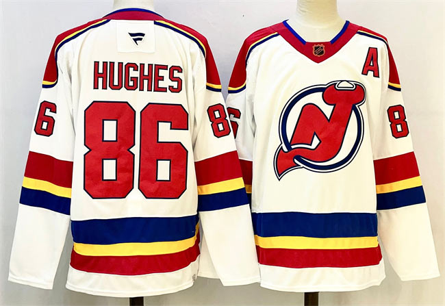 Men's New Jersey Devils 86 Jack Hughes White Red 2024 25 With A Patch Stitched Hockey Jersey