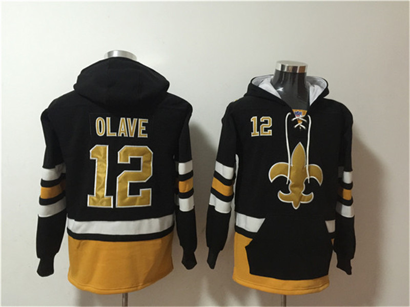 Men's New Orleans Saints 12 Chris Olave Black Ageless Must Have Lace Up Pullover Hoodie