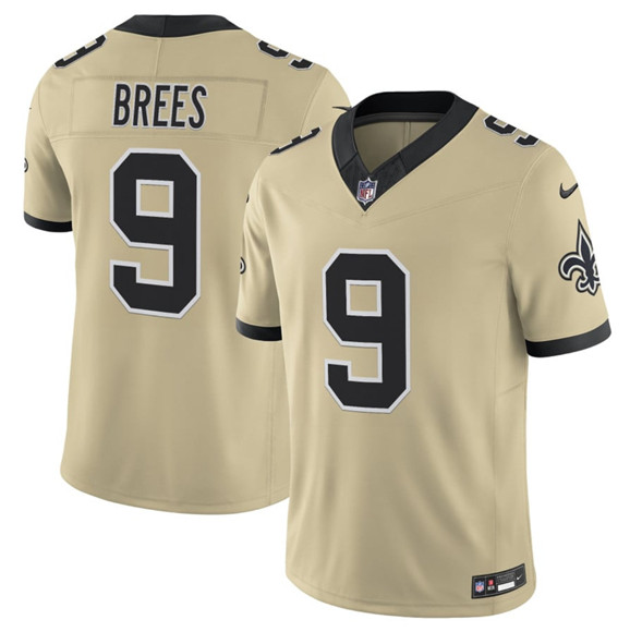 Men's New Orleans Saints 9 Drew Brees Gold 2025 F.U.S.E. Alternate Vapor Limited Football Stitched Jersey