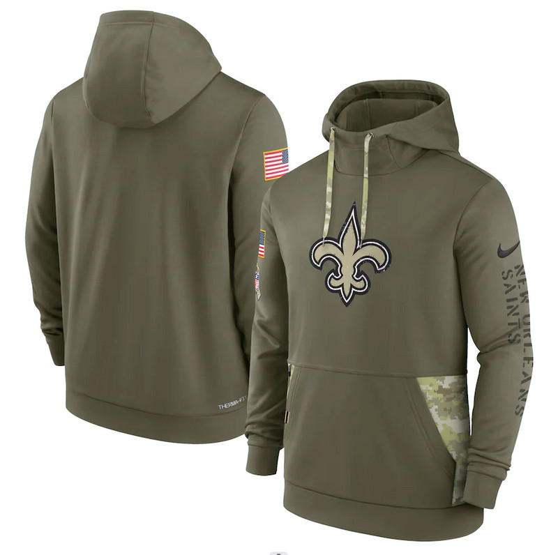 Men's New Orleans Saints Nike Olive 2022 Salute to Service Therma Performance Pullover Hoodie