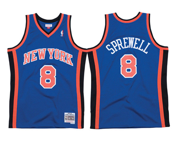 Men's New Yok Knicks 8 Latrell Sprewell Blue Mitchell & Ness 98 99 Road Swingman Stitched Jersey