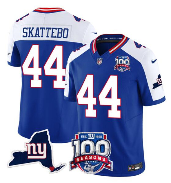 Men's New York Giants 44 Cam Skattebo Royal White 2025 Draft F.U.S.E. 100th Season & State Patch Vapor Limited Football Stitched Jersey