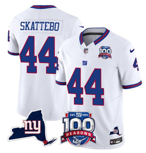 Men's New York Giants 44 Cam Skattebo White 2025 Draft F.U.S.E. 100th Season & State Patch Vapor Limited Football Stitched Jersey