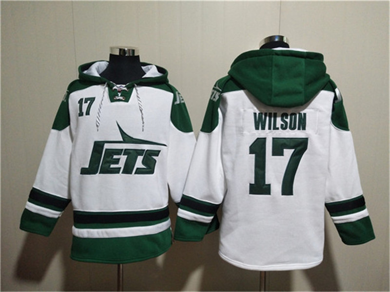 Men's New York Jets 17 Garrett Wilson White Ageless Must Have Lace Up Pullover Hoodie