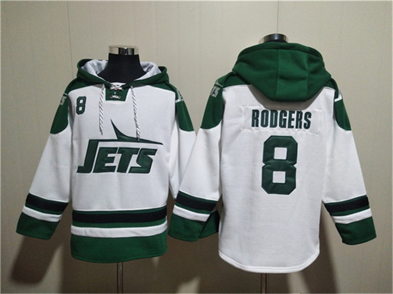 Men's New York Jets 8 Aaron Rodgers White Ageless Must Have Lace Up Pullover Hoodie