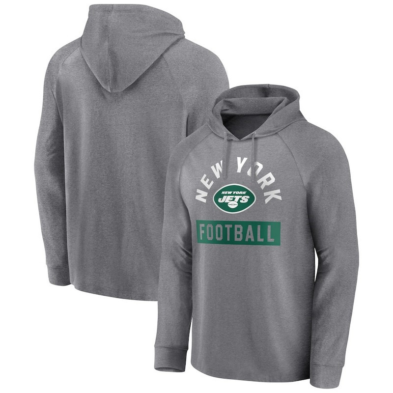 Men's New York Jets Fanatics Branded Heathered Gray No Time Off Raglan Pullover Hoodie