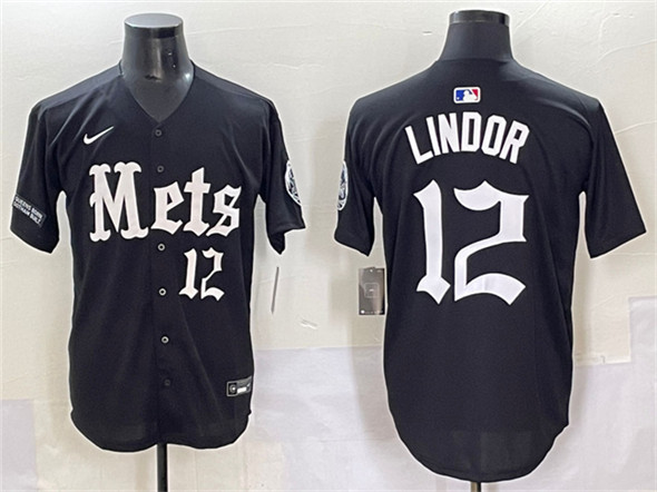 Men's New York Mets 12 Francisco Lindor Black 'Gotham Gothic Edition' Vapor Premier Limited Stitched Baseball Jersey