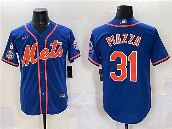 Men's New York Mets 31 Mike Piazza Blue With Patch Cool Base Stitched Baseball Jersey