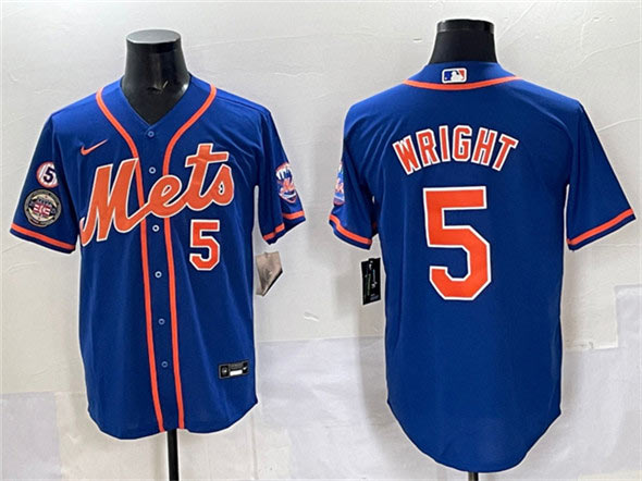 Men's New York Mets 5 David Wright Blue With Patch Cool Base Stitched Baseball Jersey
