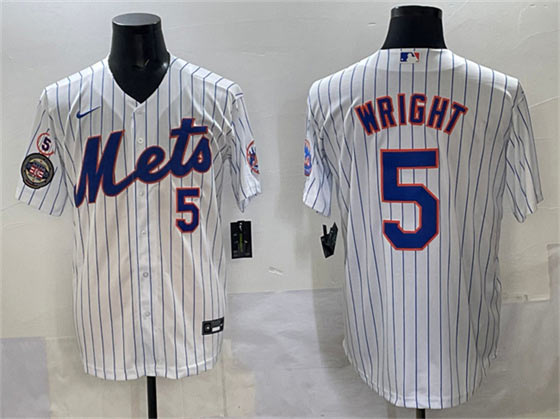 Men's New York Mets 5 David Wright White With Patch Stitched Baseball Jersey