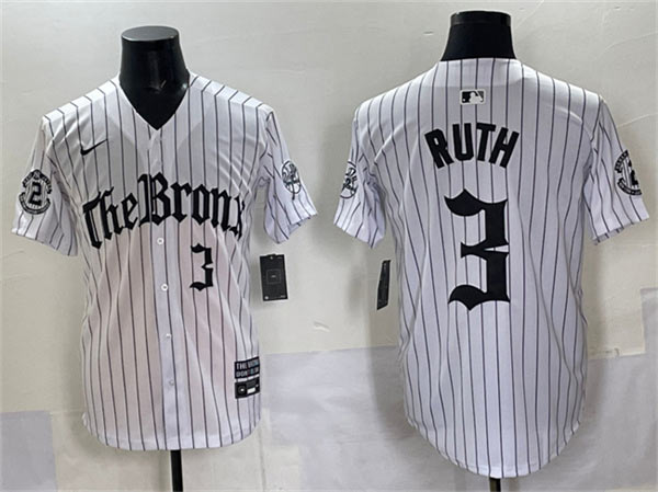Men's New York Yankees 3 Babe Ruth White Pinstripe 'Gothic Legacy Edition' Vapor Premier Limited Stitched Baseball Jersey