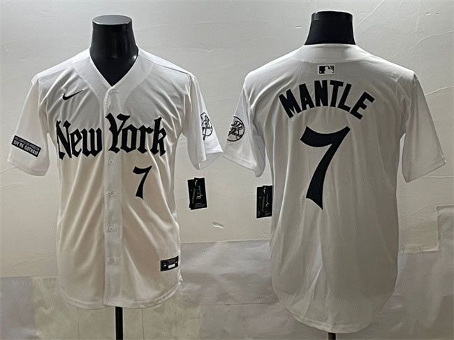 Men's New York Yankees 7 Mickey Mantle White 'Gothic Legacy Edition' Vapor Premier Limited Stitched Baseball Jersey
