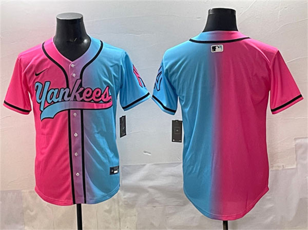 Men's New York Yankees Blank Pink Blue Limited Stitched Baseball Jersey