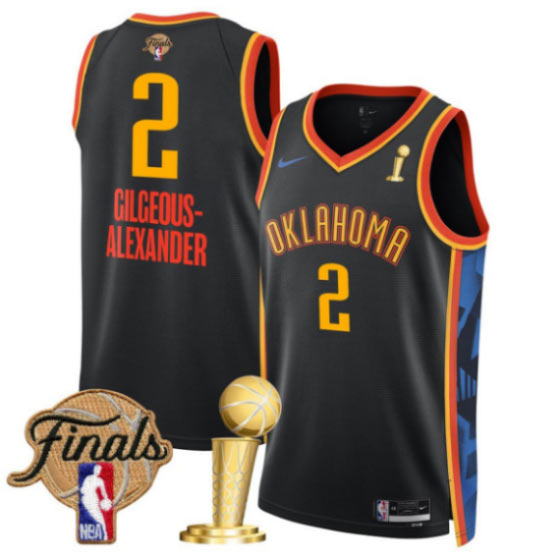 Men's Oklahoma City Thunder 2 Shai Gilgeous Alexander Black 2025 Finals Patch And Finals Champions Patch City Edition Stitched Basketball Jersey