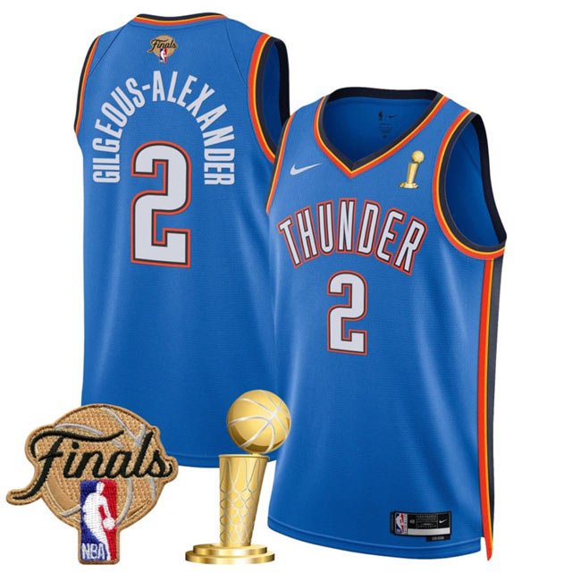 Men's Oklahoma City Thunder 2 Shai Gilgeous Alexander Blue 2025 Finals Patch And Finals Champions Patch Icon Edition Stitched Basketball Jersey