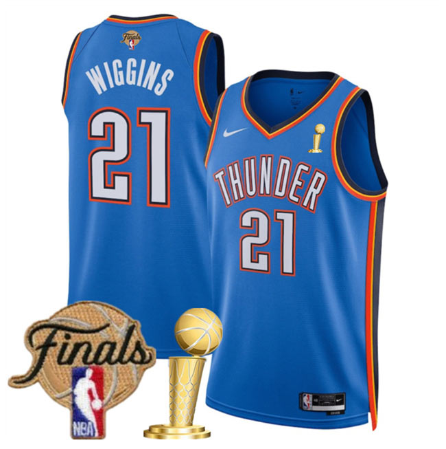Men's Oklahoma City Thunder 21 Aaron Wiggins Blue 2025 Finals Patch And Finals Champions Patch Icon Edition Stitched Basketball Jersey