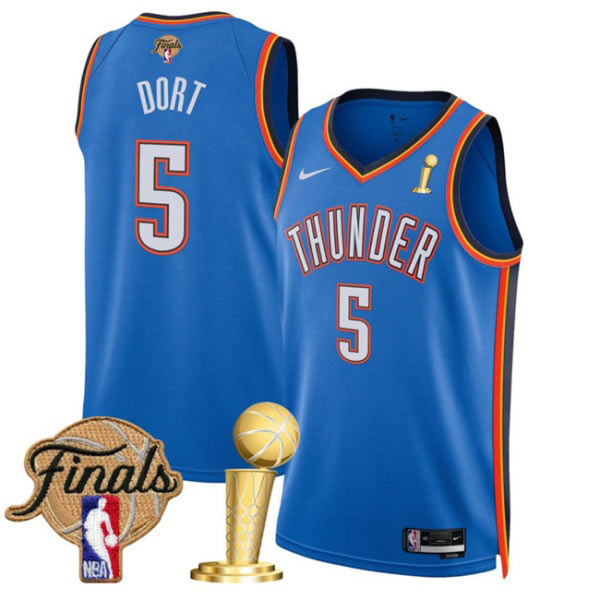 Men's Oklahoma City Thunder 5 Luguentz Dort Blue 2025 Finals Patch And Finals Champions Patch Icon Edition Stitched Basketball Jersey