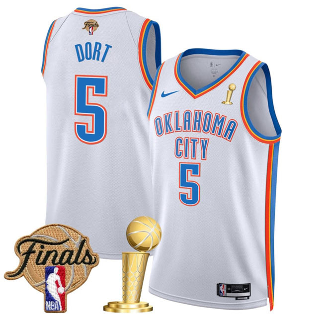 Men's Oklahoma City Thunder 5 Luguentz Dort White 2025 Finals Patch And Finals Champions Patch Association Edition Stitched Basketball Jersey