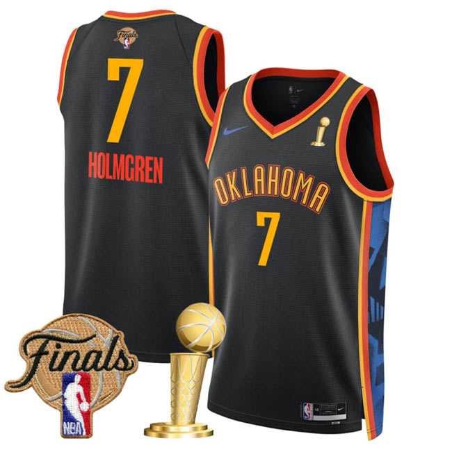 Men's Oklahoma City Thunder 7 Chet Holmgren Black 2025 Finals Patch And Finals Champions Patch City Edition Stitched Basketball Jersey