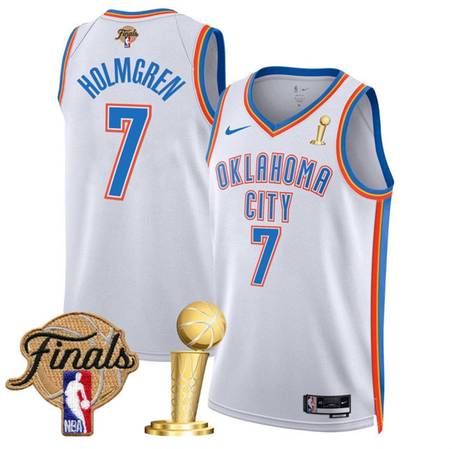 Men's Oklahoma City Thunder 7 Chet Holmgren White 2025 Finals Patch And Finals Champions Patch Association Edition Stitched Basketball Jersey