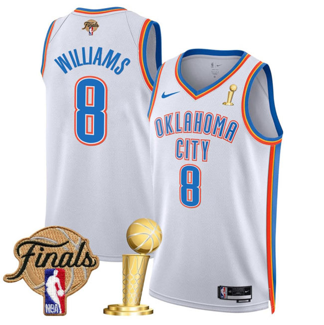 Men's Oklahoma City Thunder 8 Jalen Williams White 2025 Finals Patch And Finals Champions Patch Association Edition Stitched Basketball Jersey