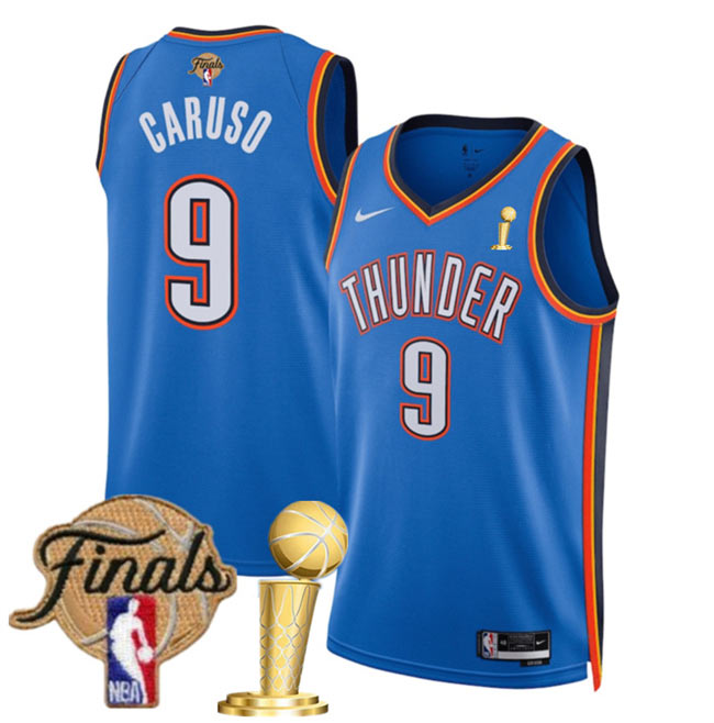Men's Oklahoma City Thunder 9 Alex Caruso Blue 2025 Finals Patch And Finals Champions Patch Icon Edition Stitched Basketball Jersey