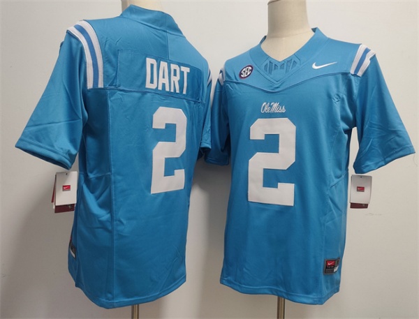 Men's Ole Miss Rebels 2 Jaxson Dart Powder Blue F.U.S.E. Stitched Football Jersey