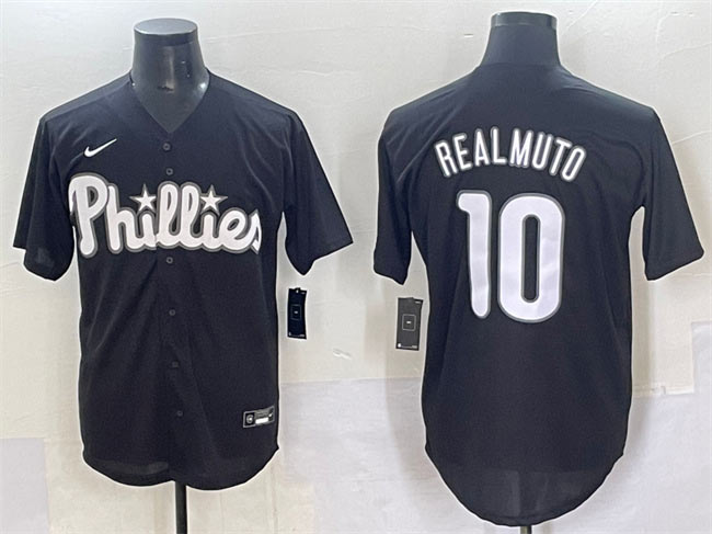 Men's Philadelphia Phillies 10 J.T. Realmuto Black Lights Out Limited Stitched Baseball Jersey