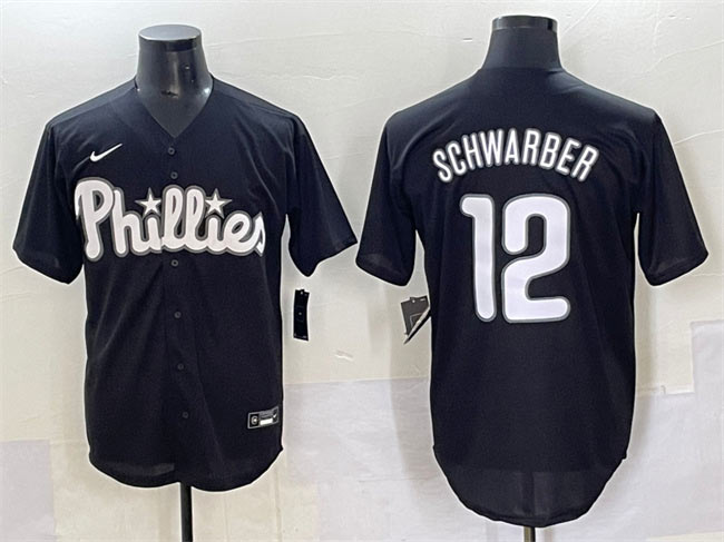Men's Philadelphia Phillies 12 Kyle Schwarber Black Lights Out Limited Stitched Baseball Jersey