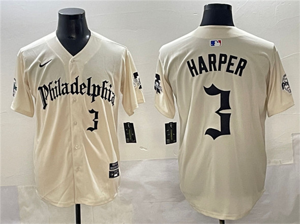 Men's Philadelphia Phillies 3 Bryce Harper Cream Gothic Vapor Limited Stitched Jersey