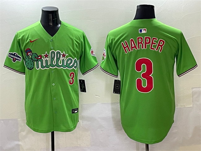 Men's Philadelphia Phillies 3 Bryce Harper Light Green Phanatic With 2024 Division Champions Patch Limited Stitched Jersey
