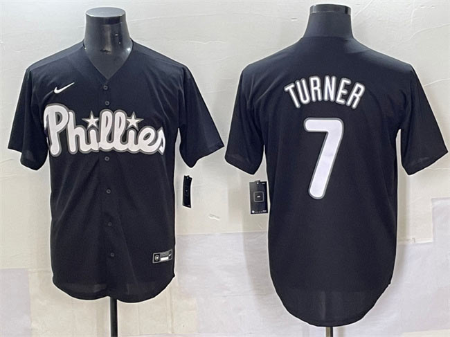 Men's Philadelphia Phillies 7 Trea Turner Black Lights Out Limited Stitched Baseball Jersey