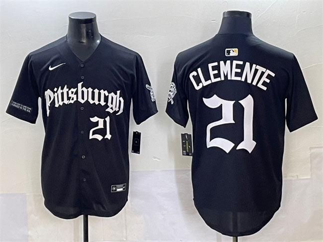 Men's Pittsburgh Pirates 21 Roberto Clemente Black 'Gothic Steel City Edition' Vapor Limited Stitched Baseball Jersey