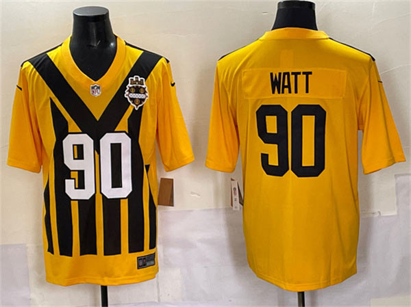 Men's Pittsburgh Steelers 90 T.J. Watt Gold 1933 Throwback Alternate Football Stitched Game Jersey