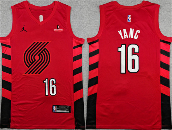 Men's Portland Trail Blazers 16 Yang Hansen Red Statement Edition Stitched Basketball Jersey
