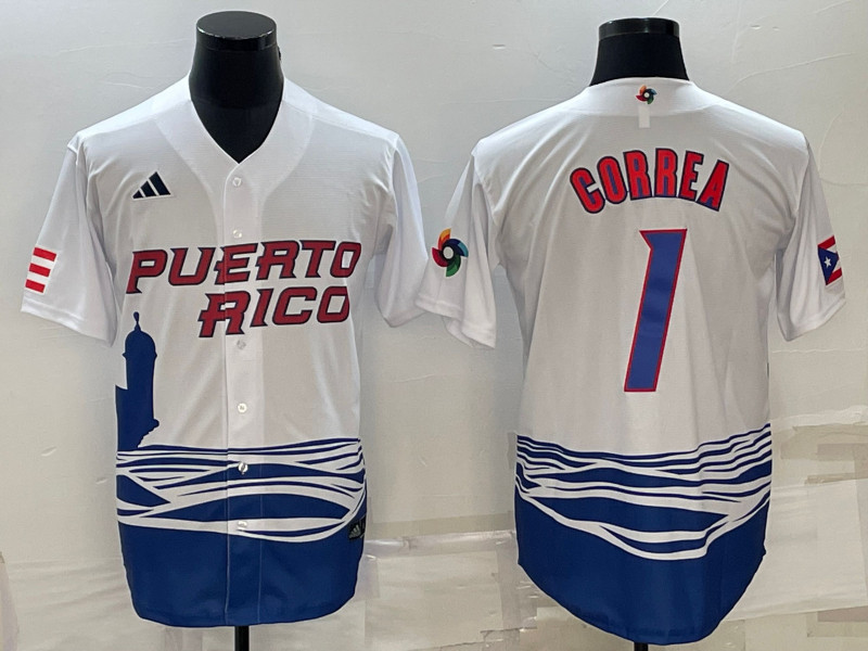 Men's Puerto Rico 1 Carlos Correa White 2023 World Baseball Series Jersey