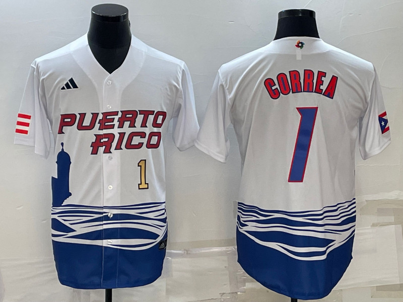 Men's Puerto Rico 1 Carlos Correa White 2023 World Baseball Series Jerseys