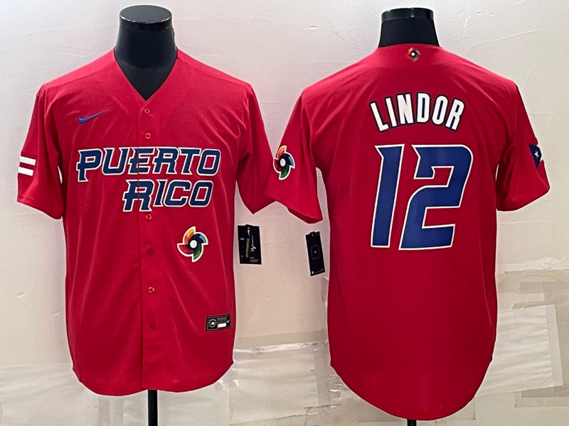 Men's Puerto Rico 12 Francisco Lindor Red 2023 World Baseball Series Jersey