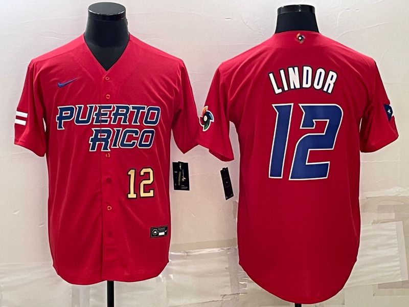 Men's Puerto Rico 12 Francisco Lindor Red 2023 World Baseball Series Jerseys