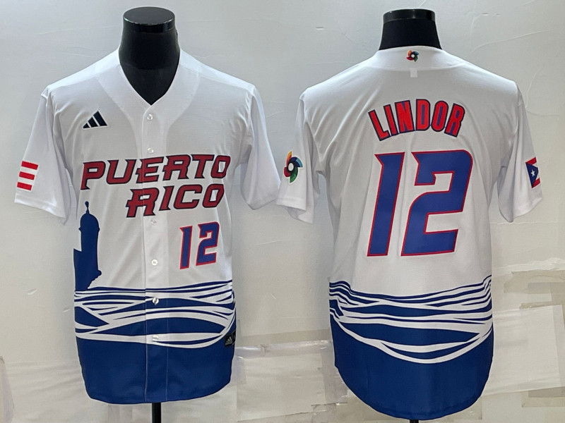 Men's Puerto Rico 12 Francisco Lindor White 2023 World Baseball Series Jerseys