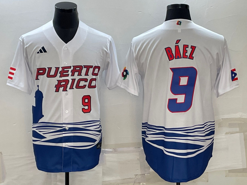 Men's Puerto Rico 9 Javier Baez White 2023 World Baseball Classic Jerseys