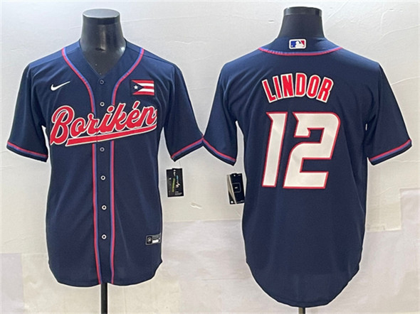 Men's Puerto Rico Baseball 12 Francisco Lindor Navy 2023 World Baseball Classic Stitched Jersey