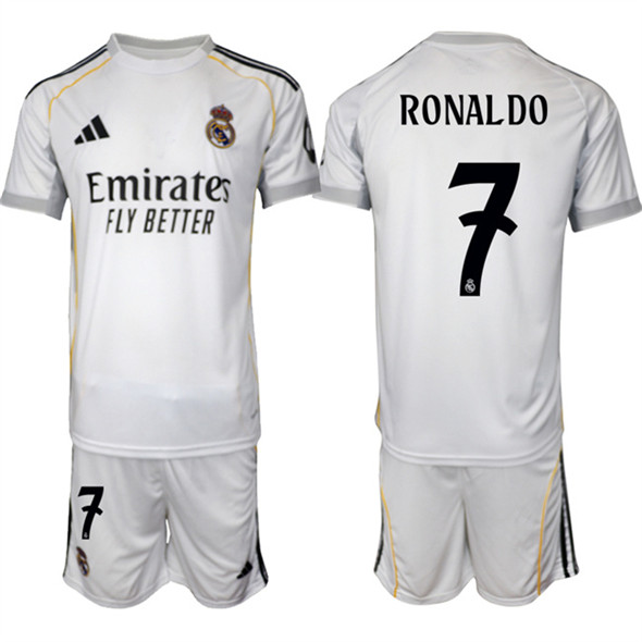 Men's Real Madrid 7 Ronaldo 25 26 White Home Soccer Jersey Suit