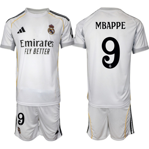 Men's Real Madrid 9 Kylian Mbappe 25 26 White Home Soccer Jersey Suit