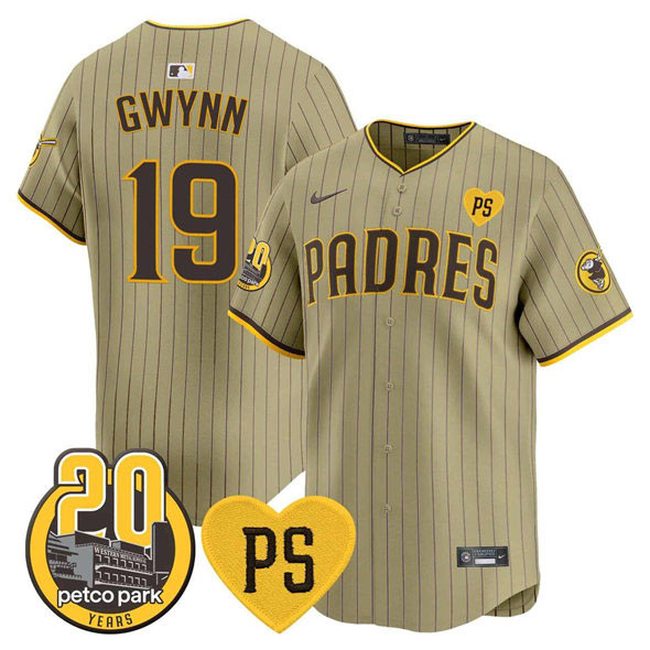Men's San Diego Padres 19 Tony Gwynn Tan 'For Peter' And Petco Park 20th Patch Limited Stitched Baseball Jersey