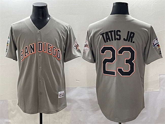 Men's San Diego Padres 23 Fernando Tatis Jr. Gray Fashion Throwback With Patch Cool Base Stitched Jersey
