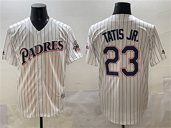 Men's San Diego Padres 23 Fernando Tatis Jr. White Throwback With Patch Cool Base Stitched Baseball Jersey