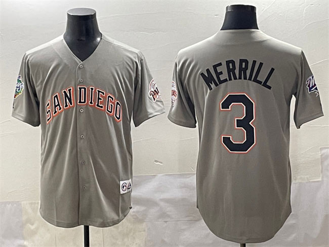 Men's San Diego Padres 3 Jackson Merrill Gray Fashion Throwback With Patch Cool Base Stitched Jersey
